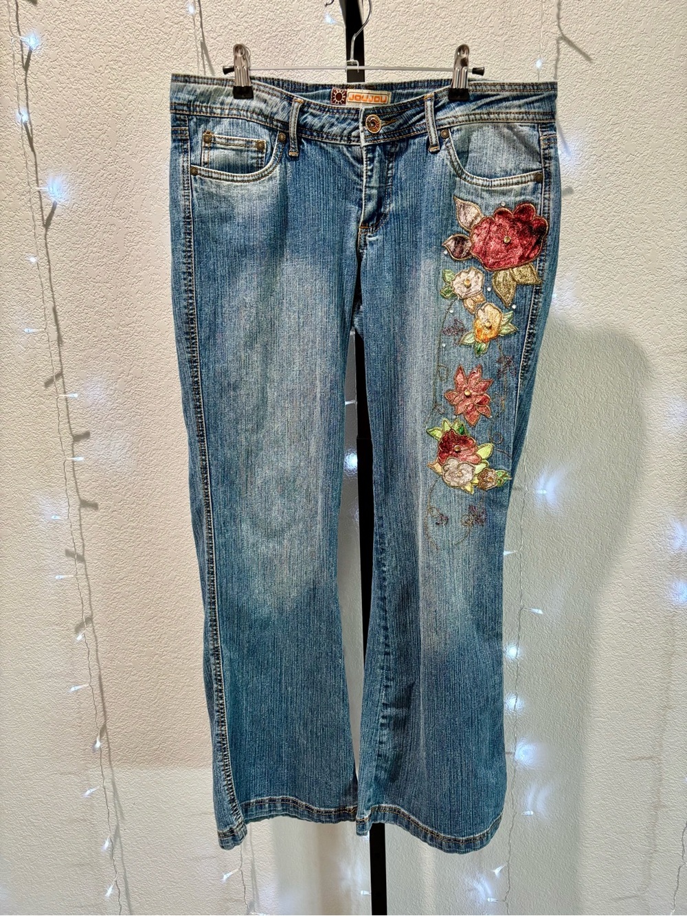 Jou Jou Blue Denim Bootcut Jeans with Floral Embroidery